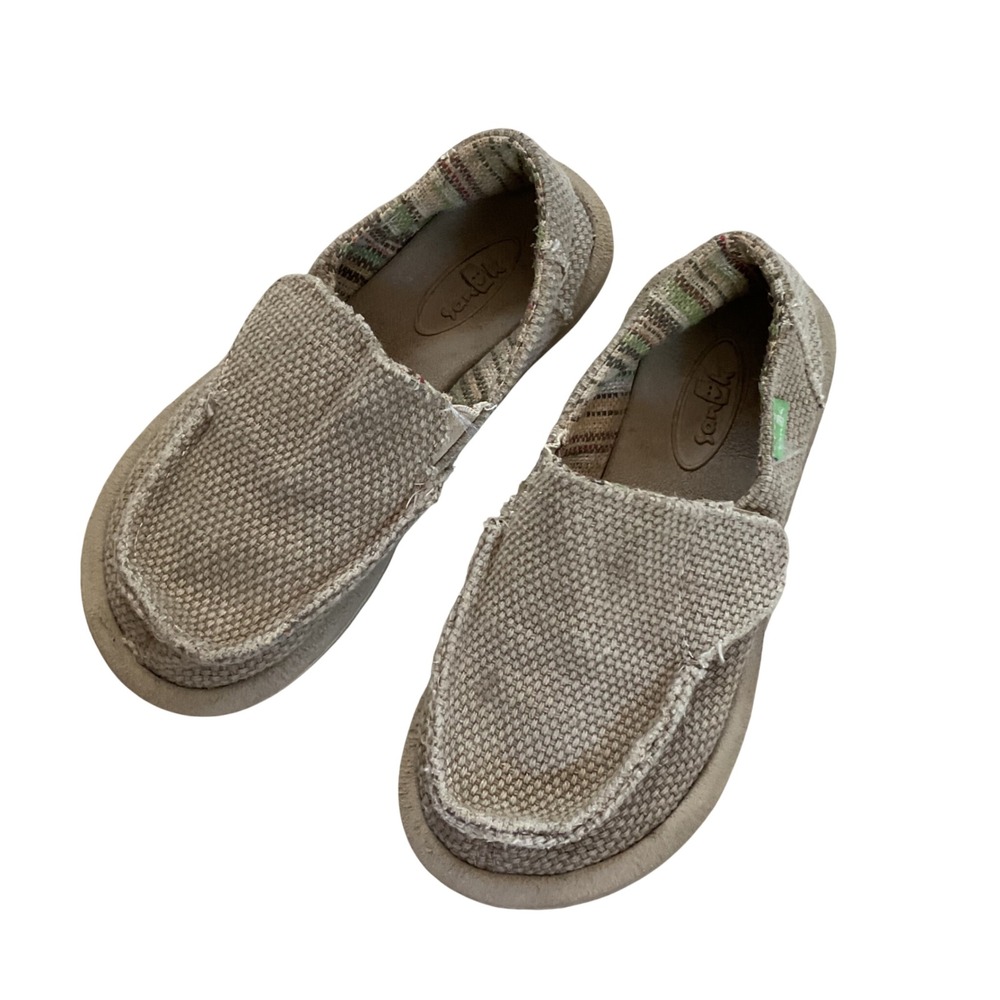 Sanuk Vagabond Kids Tan Canvas Slip On Loafers Sidewalk Surfers SBF1061T Size 12